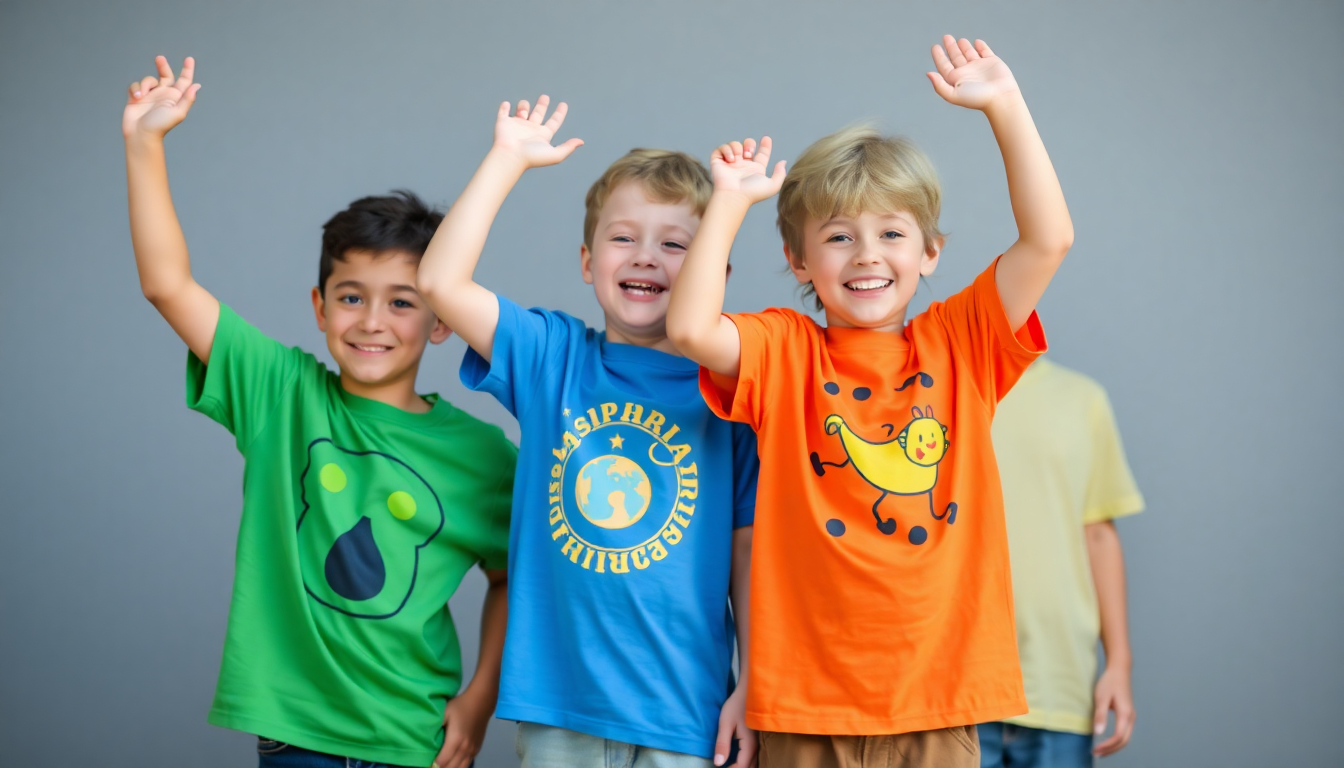 Kids wearing colorful custom graphic t-shirts happily
