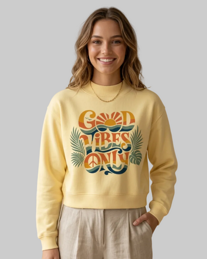 Good Vibes Only Women's Oversized Mock-Neck Fleece Sweatshirt | Retro Graphic Pullover