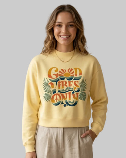 Good Vibes Only Women's Oversized Mock-Neck Fleece Sweatshirt | Retro Graphic Pullover