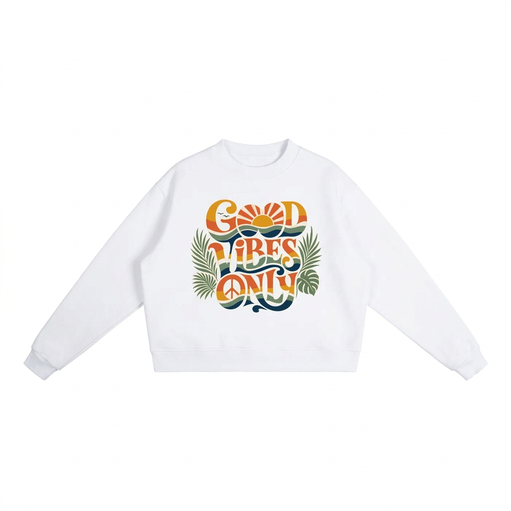 Good Vibes Only Women's Oversized Mock-Neck Fleece Sweatshirt | Retro Graphic Pullover