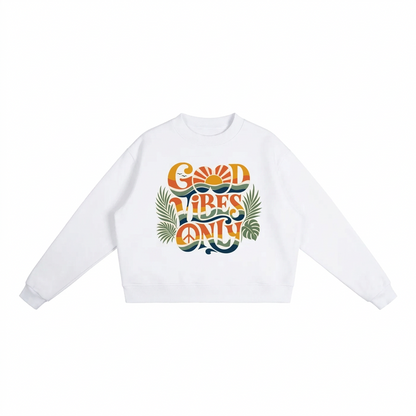Good Vibes Only Women's Oversized Mock-Neck Fleece Sweatshirt | Retro Graphic Pullover
