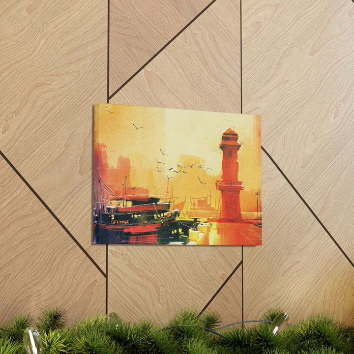 PopularityPro Canvas Print - Seaside Sunset with Mesmerizing Lighthouse and Fishing Boat