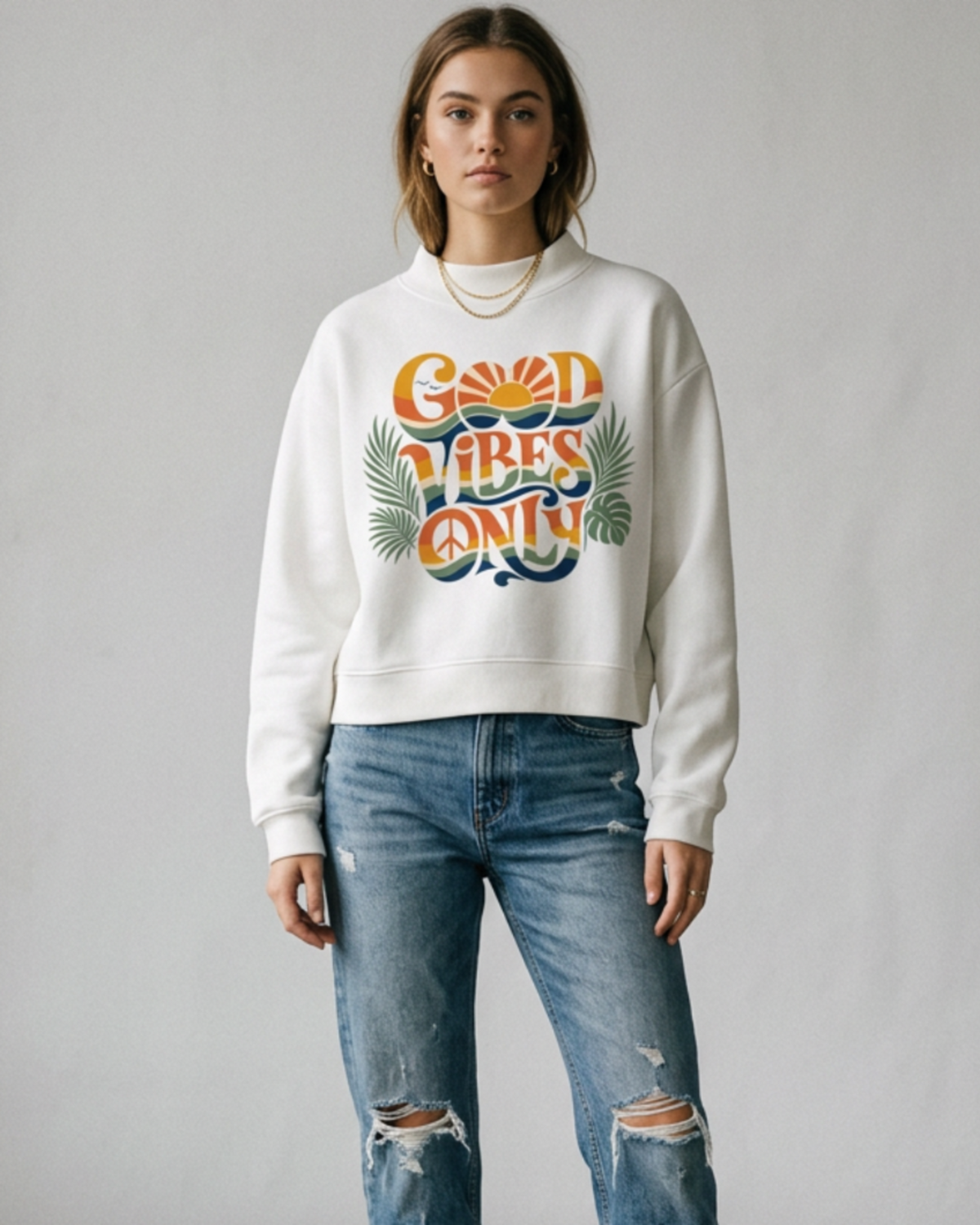 Good Vibes Only Women's Oversized Mock-Neck Fleece Sweatshirt | Retro Graphic Pullover