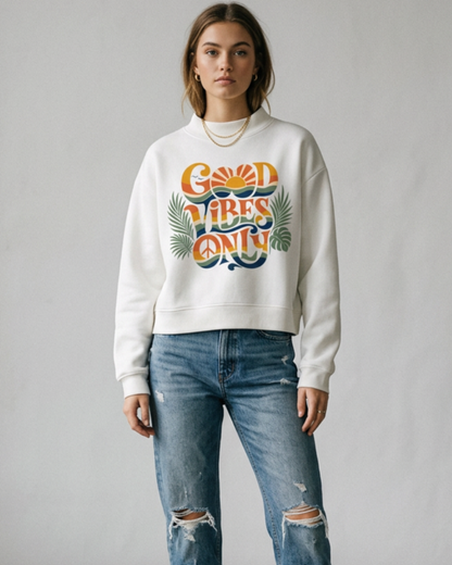 Good Vibes Only Women's Oversized Mock-Neck Fleece Sweatshirt | Retro Graphic Pullover