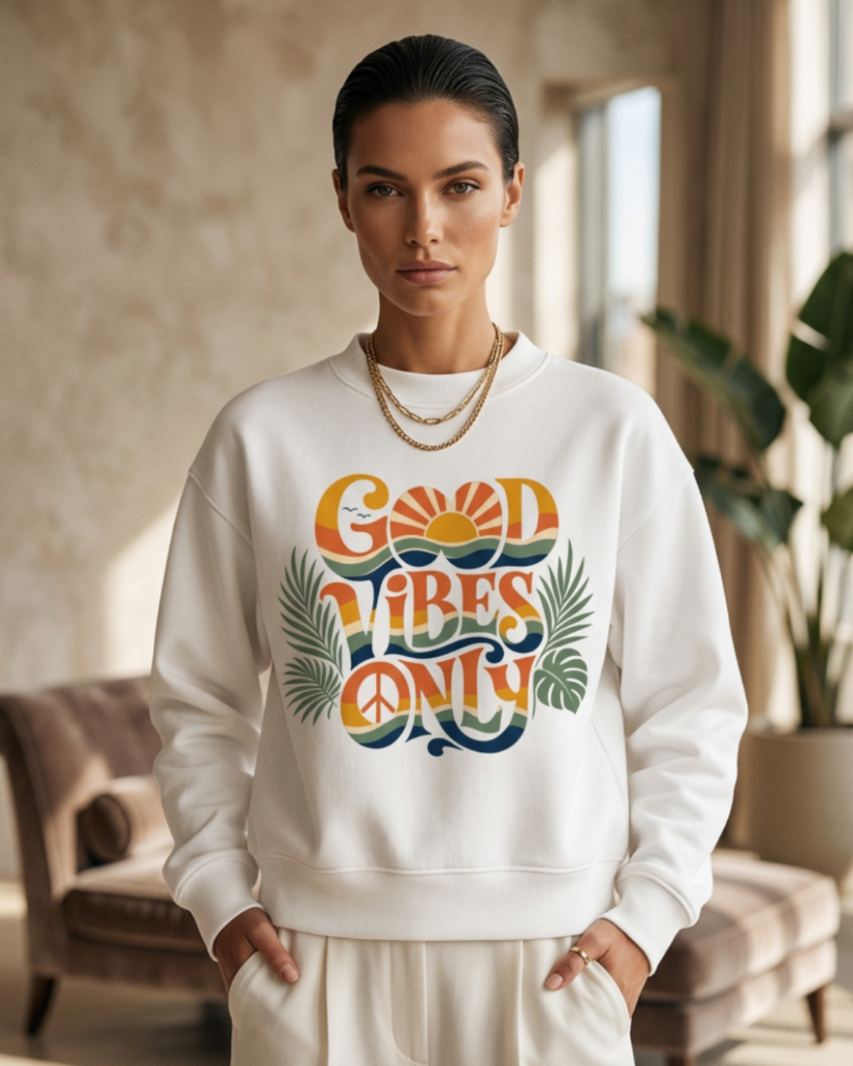 Good Vibes Only Women's Oversized Mock-Neck Fleece Sweatshirt | Retro Graphic Pullover