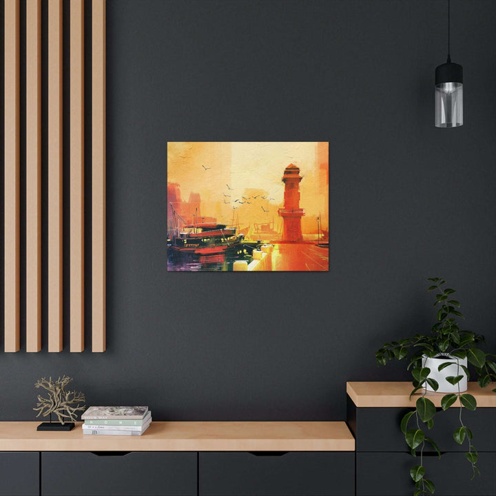 PopularityPro Canvas Print - Seaside Sunset with Mesmerizing Lighthouse and Fishing Boat