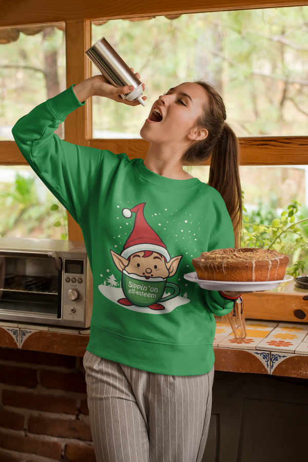 Sippin' on elf-esteem™ - Women's Crewneck Sweatshirt for Christmas