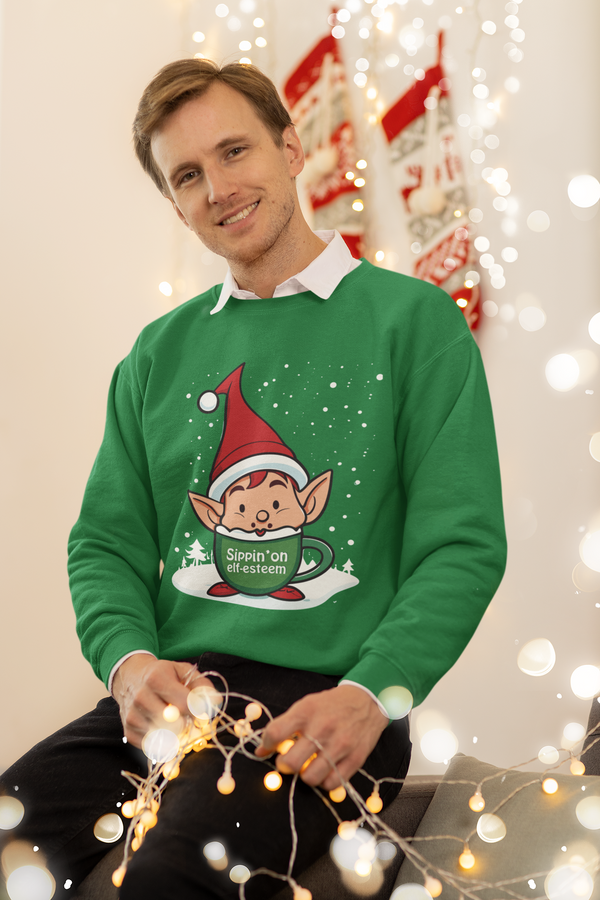 Sippin' on elf-esteem™ - Men's Crewneck Sweatshirt for Christmas