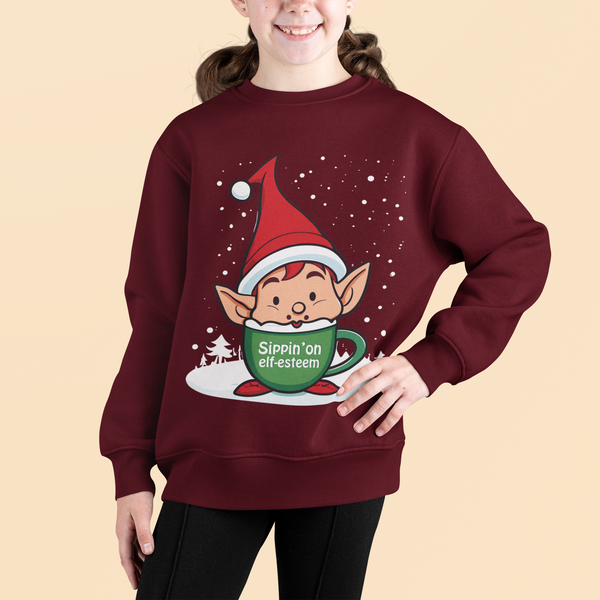 Sippin' on elf-esteem™ - Youth Crewneck Sweatshirt for Christmas