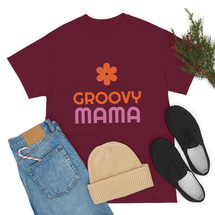 Premium Heavy Cotton Tee for Women with Groovy Mama Design by PopularityPro