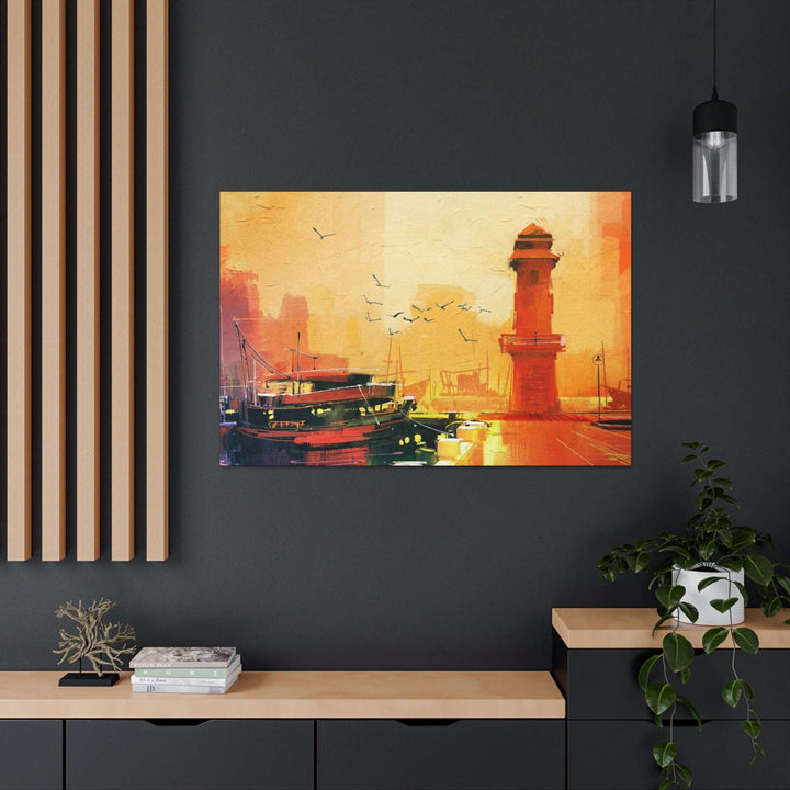 PopularityPro Canvas Print - Seaside Sunset with Mesmerizing Lighthouse and Fishing Boat