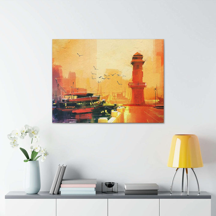 PopularityPro Canvas Print - Seaside Sunset with Mesmerizing Lighthouse and Fishing Boat