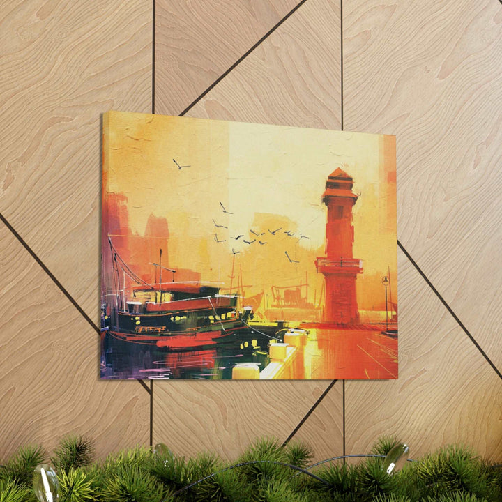 PopularityPro Canvas Print - Seaside Sunset with Mesmerizing Lighthouse and Fishing Boat