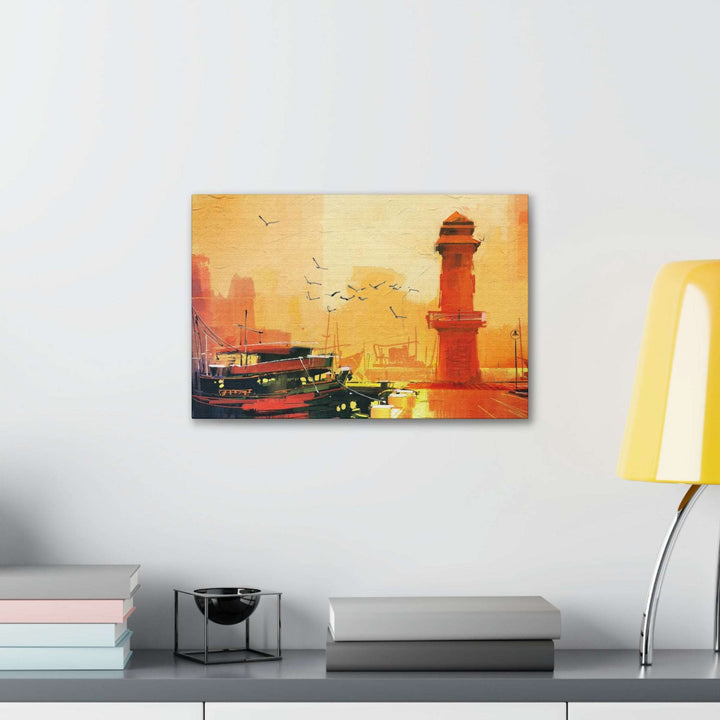 PopularityPro Canvas Print - Seaside Sunset with Mesmerizing Lighthouse and Fishing Boat