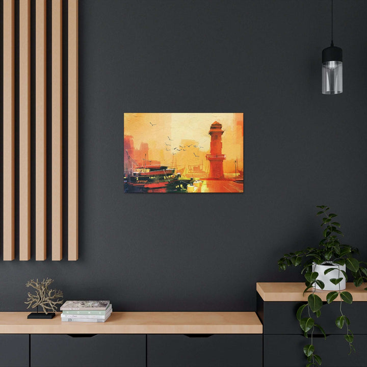 PopularityPro Canvas Print - Seaside Sunset with Mesmerizing Lighthouse and Fishing Boat