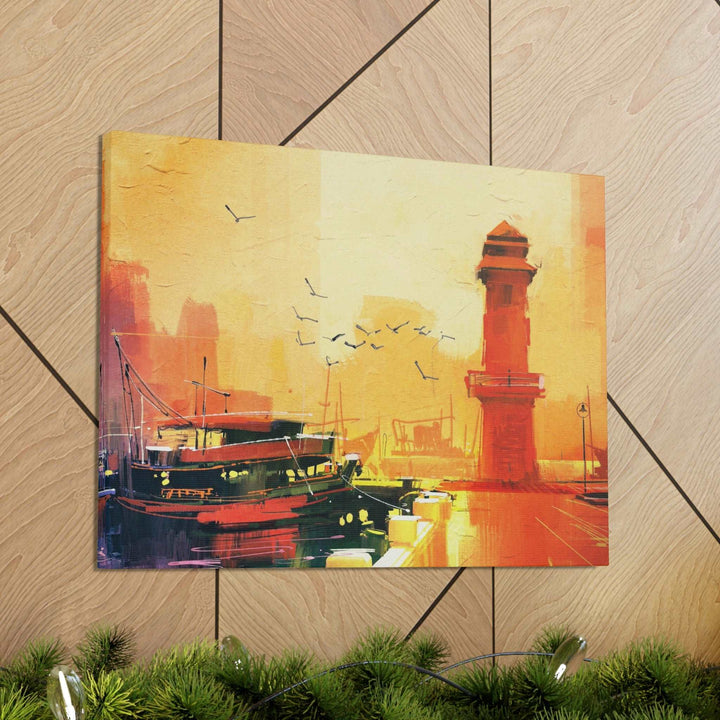 PopularityPro Canvas Print - Seaside Sunset with Mesmerizing Lighthouse and Fishing Boat