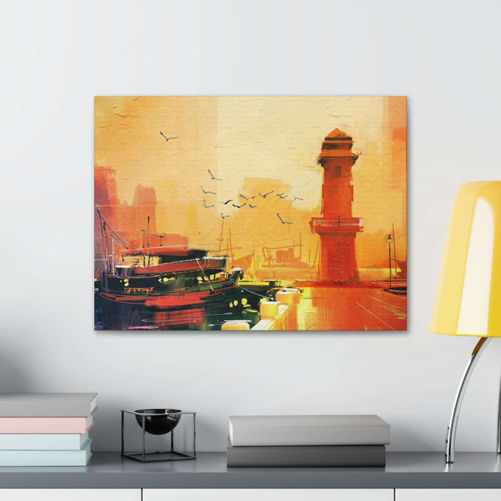 PopularityPro Canvas Print - Seaside Sunset with Mesmerizing Lighthouse and Fishing Boat