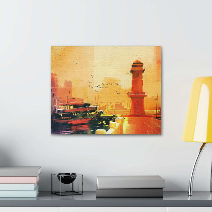 PopularityPro Canvas Print - Seaside Sunset with Mesmerizing Lighthouse and Fishing Boat