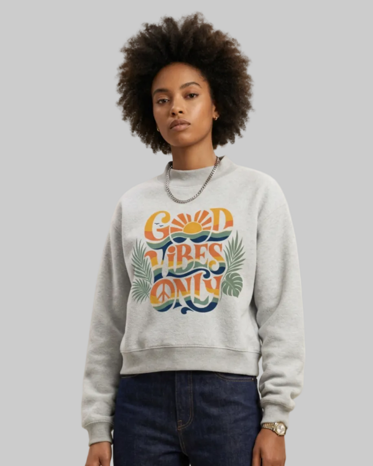 Good Vibes Only Women's Oversized Mock-Neck Fleece Sweatshirt | Retro Graphic Pullover