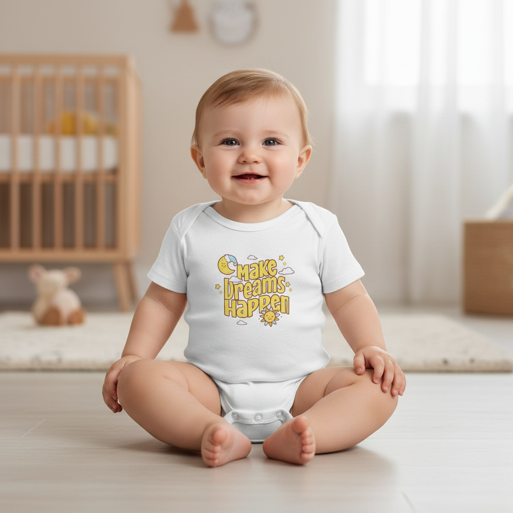 CIASARA Baby Bodysuit Infant Bodysuit Make Dreams Happen Yellow Retro Graphic Infant One-Piece Snap Suit Baby Gift UK