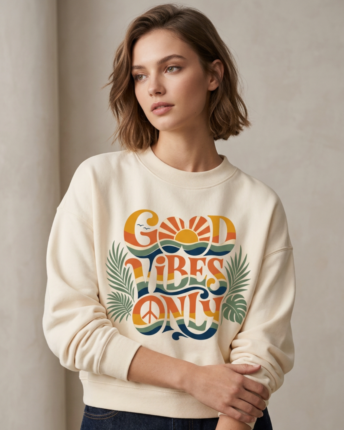 Good Vibes Only Women's Oversized Mock-Neck Fleece Sweatshirt | Retro Graphic Pullover