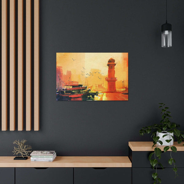 PopularityPro Canvas Print - Seaside Sunset with Mesmerizing Lighthouse and Fishing Boat