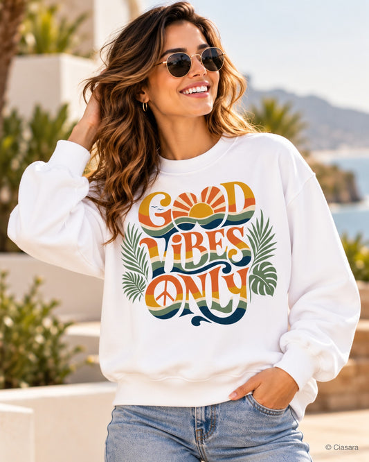 Good Vibes Only Women's Oversized Mock-Neck Fleece Sweatshirt | Retro Graphic Pullover