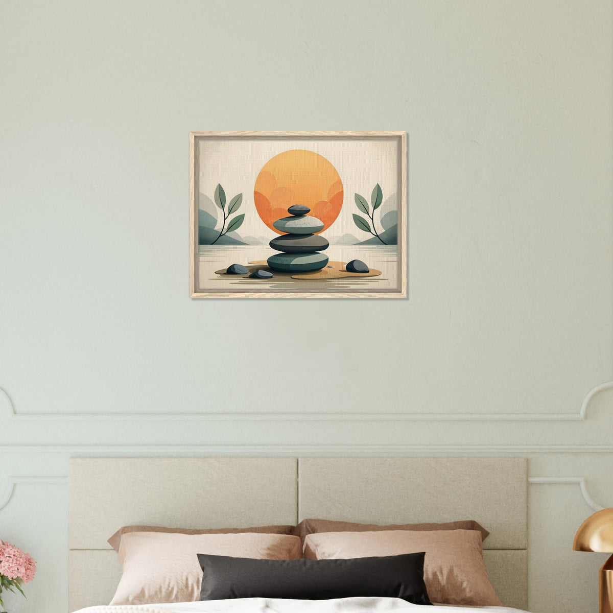 Balanced Horizon wall art above a cozy bed in a boho bedroom with neutral decor. Shop the top quality Wall Arts and Canvas Frames Home Decor at CIASARA.