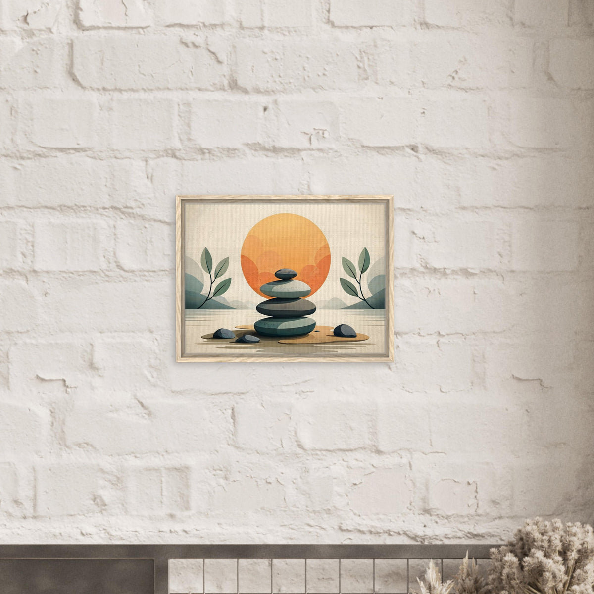 Zen-inspired framed canvas wall art hanging in a Scandinavian-style living room. Shop the top quality home decor and wall art products online at CIASARA.