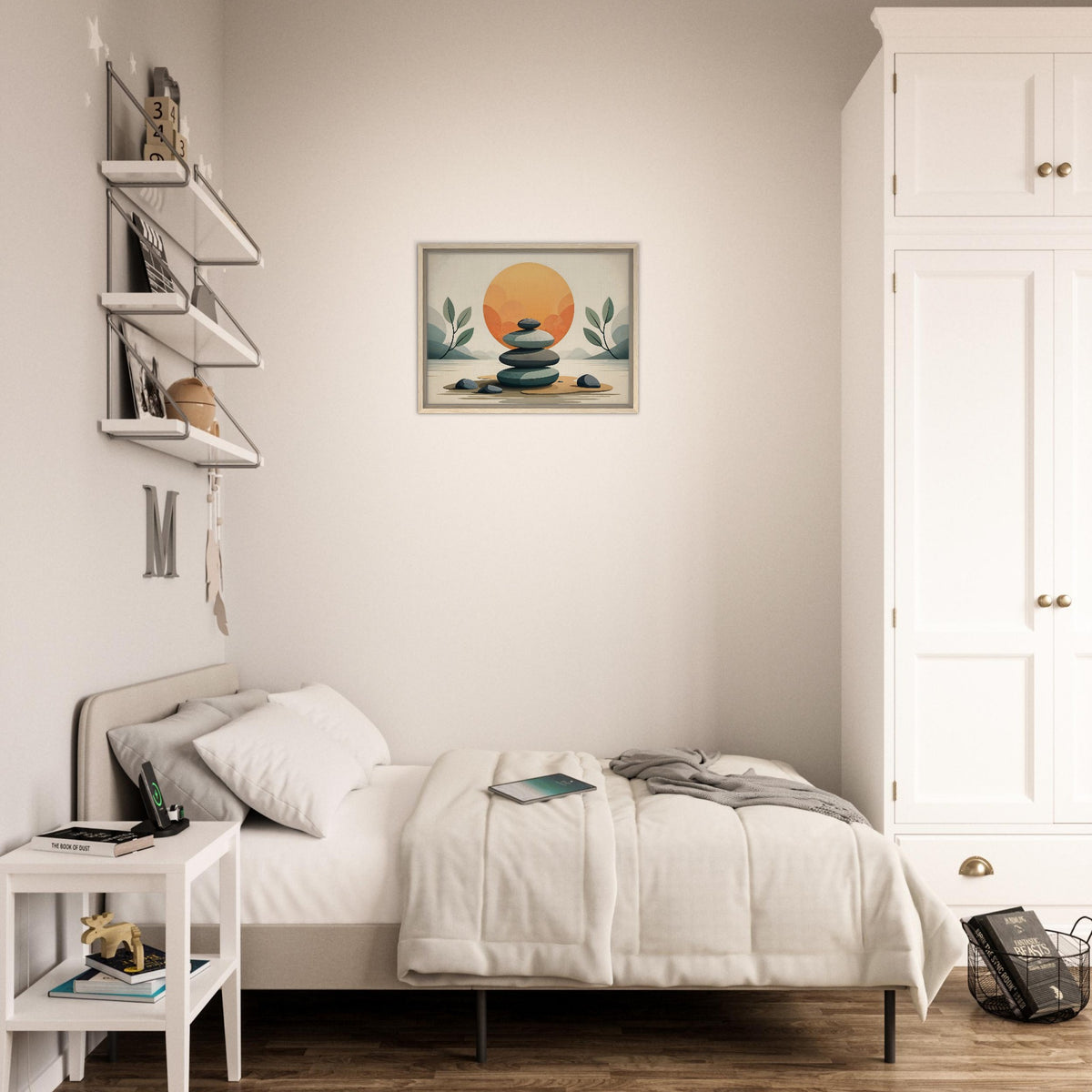 Peaceful art for bedroom, calming artwork, sunset stone stack illustration. Find more unique home decor ideas at CIASARA.