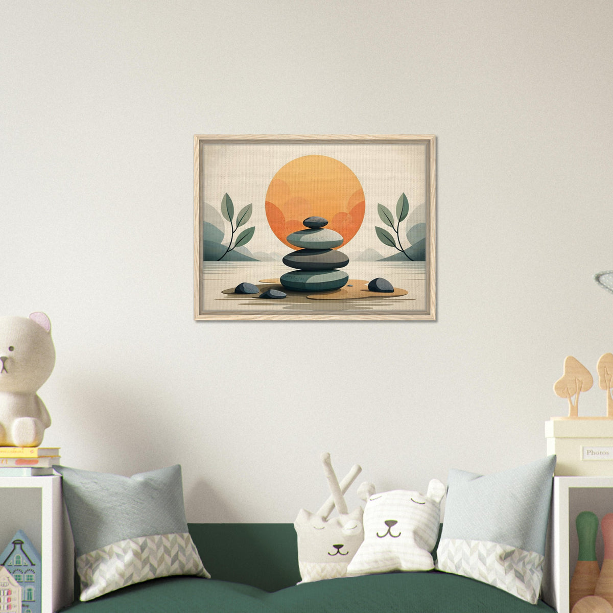 Zen stone stack wall art print with warm sunset and botanical accents – natural wood frame. Shop Wall Arts and Frames at CIASARA