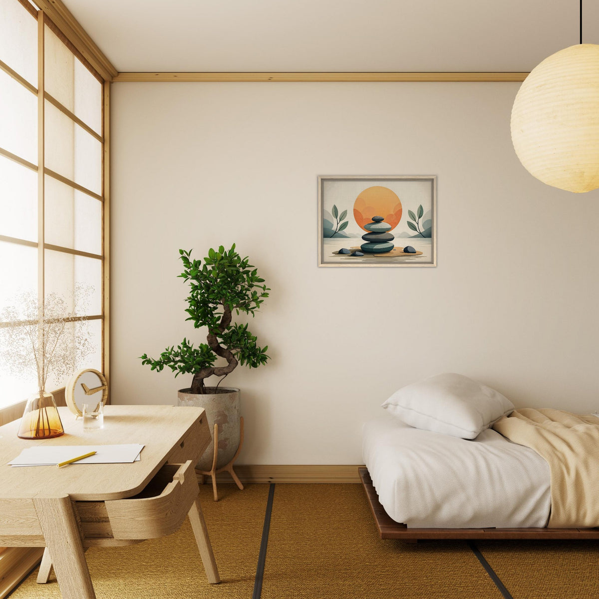 Balanced Horizon wall art above a cozy bed in a boho bedroom with neutral decor. Shop best quality Wall Arts and Home decor at CIASARA.