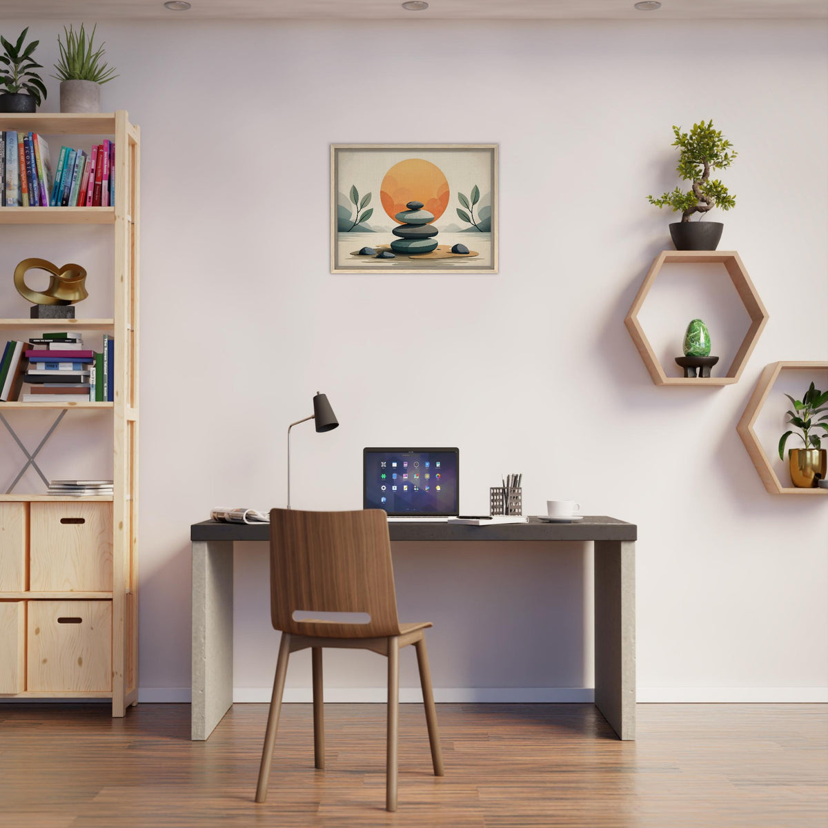 CIASARA stone stack artwork displayed in a peaceful office or reading nook. Shop Wall Art for home and best home decor ideas at CIASARA.