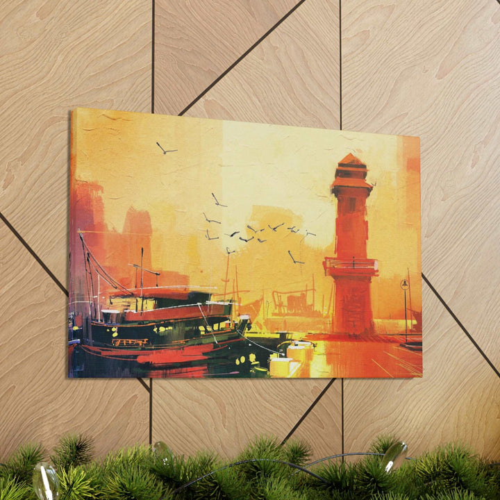 PopularityPro Canvas Print - Seaside Sunset with Mesmerizing Lighthouse and Fishing Boat