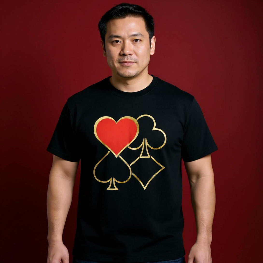 CIASARA men's poker graphic t-shirt with red heart and gold card suit symbols on black fabric