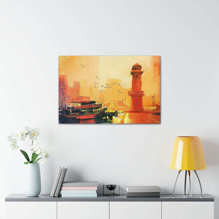 PopularityPro Canvas Print - Seaside Sunset with Mesmerizing Lighthouse and Fishing Boat