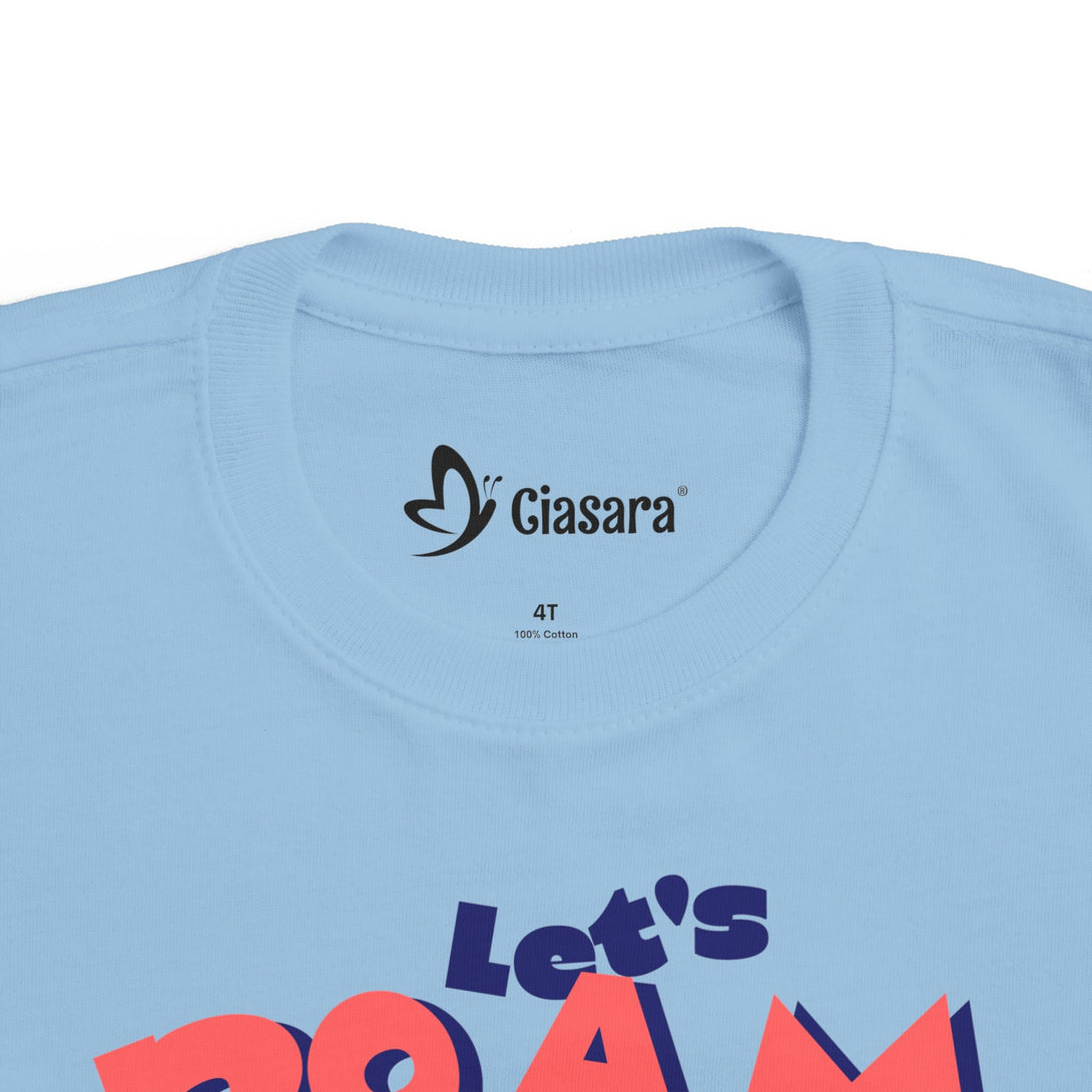 CIASARA kids light blue cotton t-shirt featuring colorful text design let's roam all day shirt
