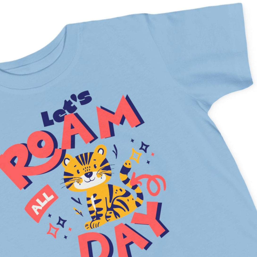 CIASARA kids light blue let's roam all day shirt with playful tiger graphic and colorful text