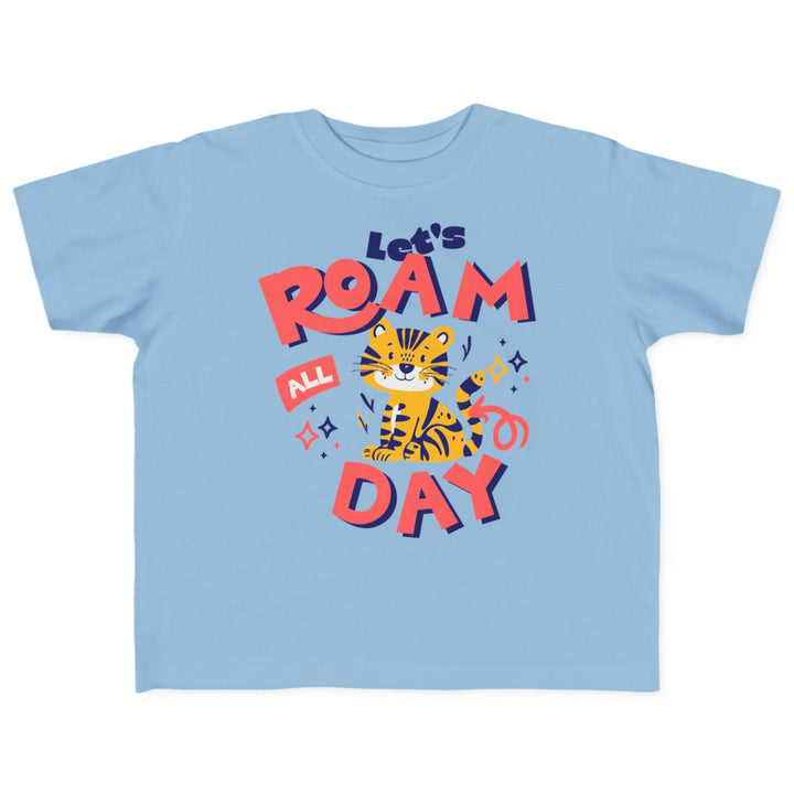 Light blue kids shirt with cute tiger graphic and colorful text let's roam all day shirt