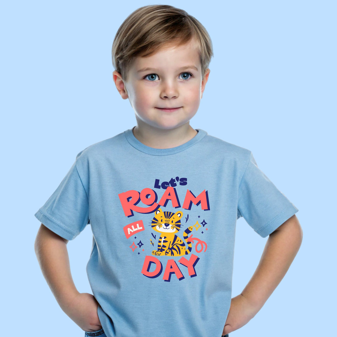 Young boy wearing blue let's roam all day shirt with tiger graphic from CIASARA kids clothes