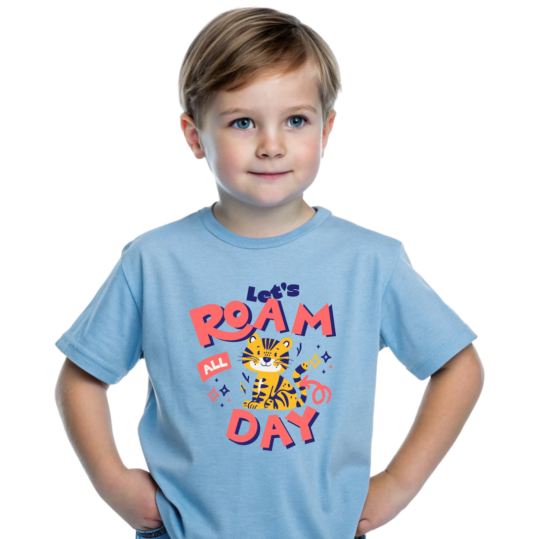 Child wearing CIASARA kids blue let's roam all day shirt with tiger graphic design