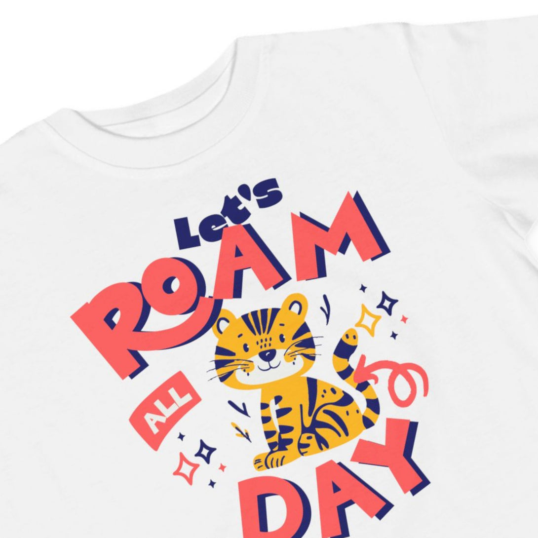 CIASARA kids white shirt with colorful tiger and text let’s roam all day shirt graphic