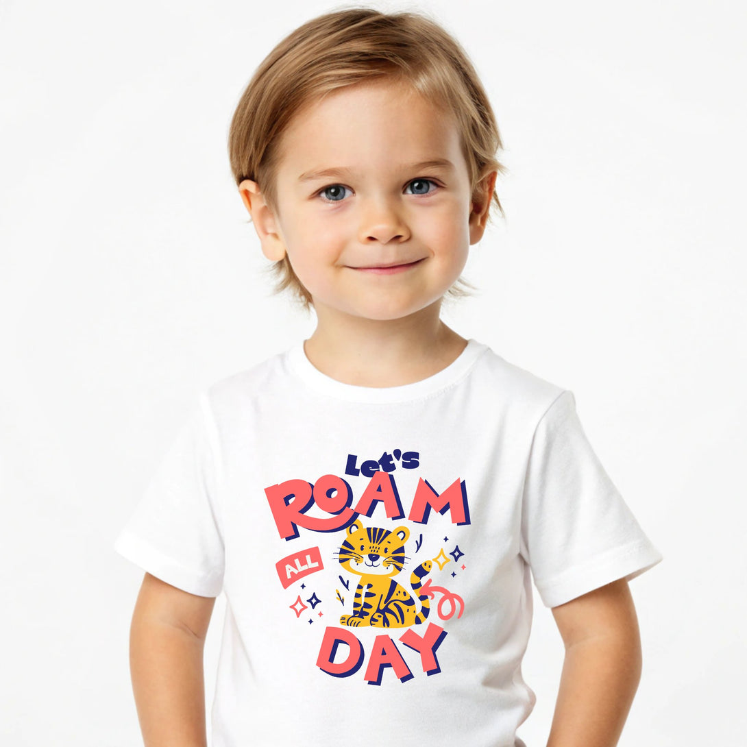 Toddler wearing CIASARA let's roam all day shirt with tiger graphic on white kids clothes