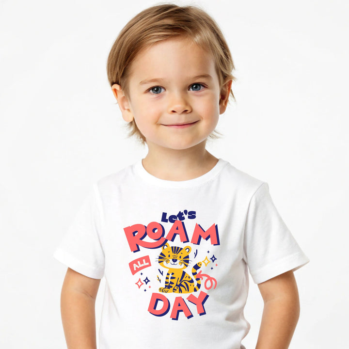 Toddler wearing CIASARA let's roam all day shirt with tiger graphic on white kids clothes