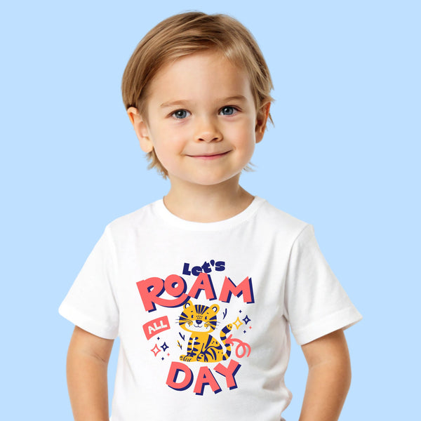 Child wearing CIASARA let's roam all day shirt with cute tiger graphic on white kids clothes