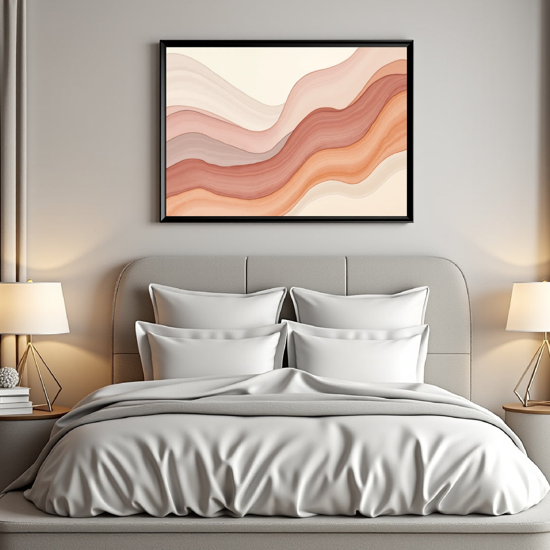 CIASARA modern framed wall art canvas above a bed with gray bedding in a minimalist bedroom