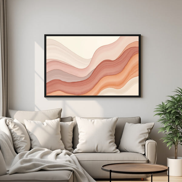 CIASARA modern framed wall art canvas with abstract warm wavy lines above beige sofa