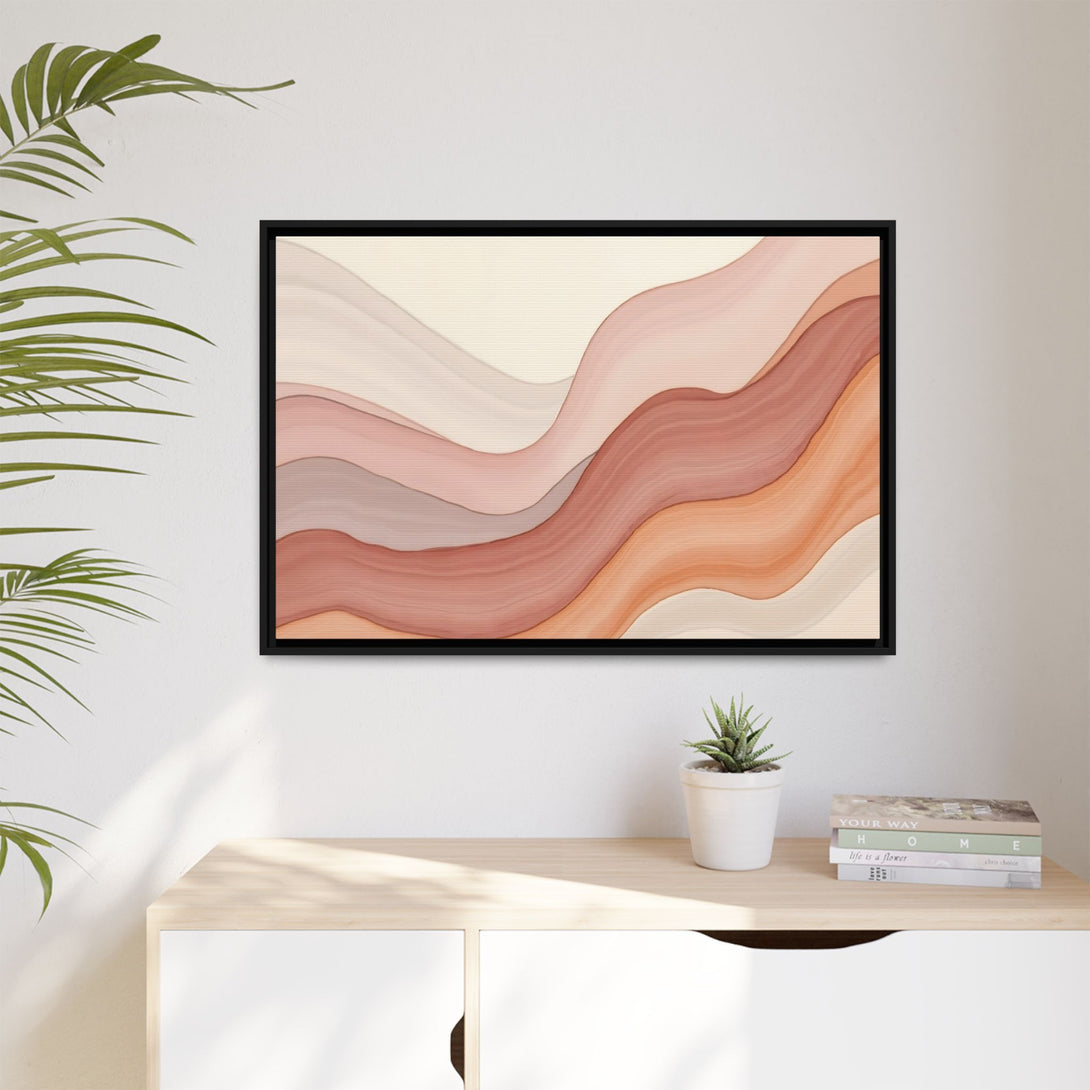 CIASARA modern framed wall art canvas with abstract pink and beige wave design hanging above wooden cabinet