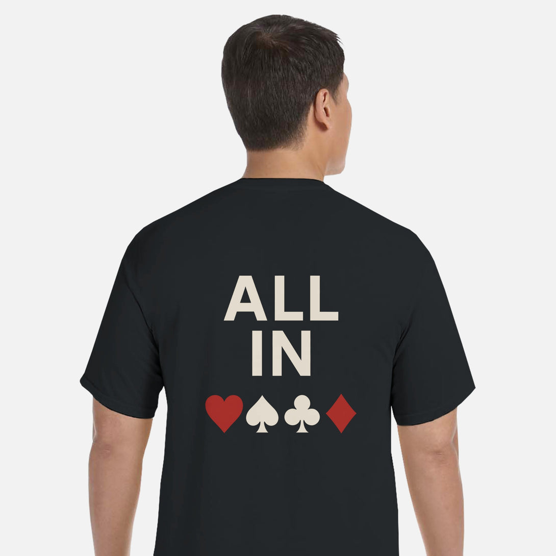 CIASARA mens black poker graphic t-shirt back view with ALL IN text and heart spade club diamond suit icons