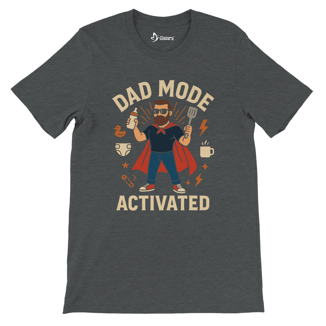 CIASARA men's dad mode activated t-shirt with graphic of dad in cape holding spatula and coffee